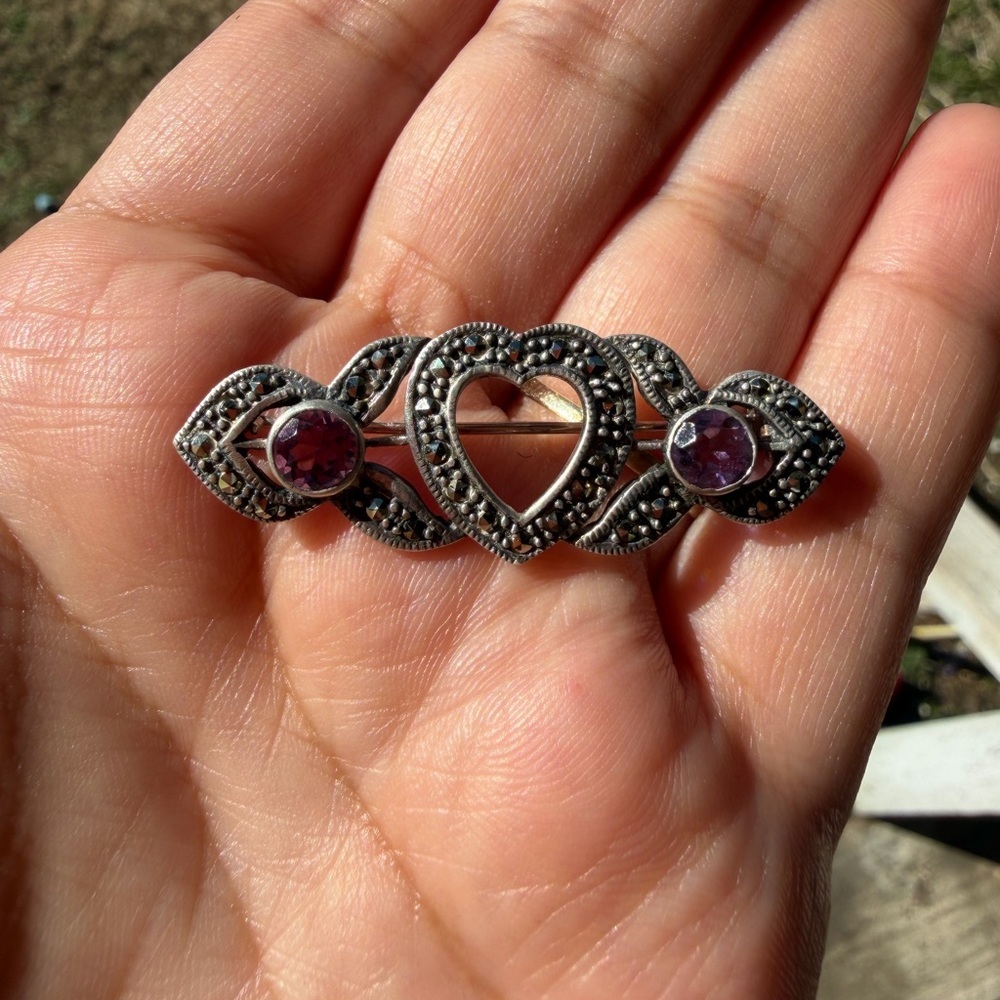 Vintage 925 Sterling Silver Marcasite Pin With  Purple Stones